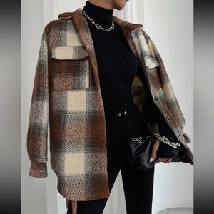 Boho plaid button up flap pocket overcoat